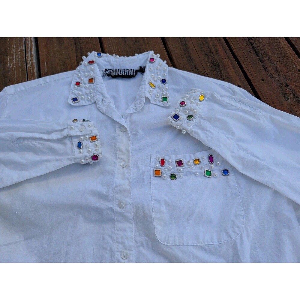 Vintage '80s Bedazzled White Button Up Long Sleeve Cotton Sz Large Dress Shirt